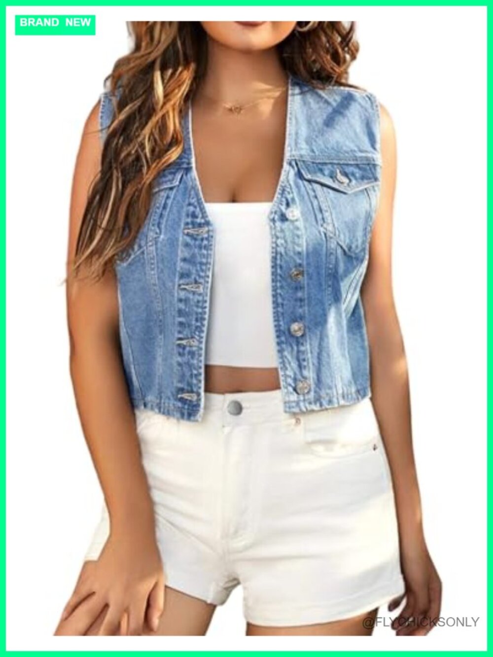 LifeShe Cropped Denim Vest Women V Neck Button Down Sleeveless Jean Jacket